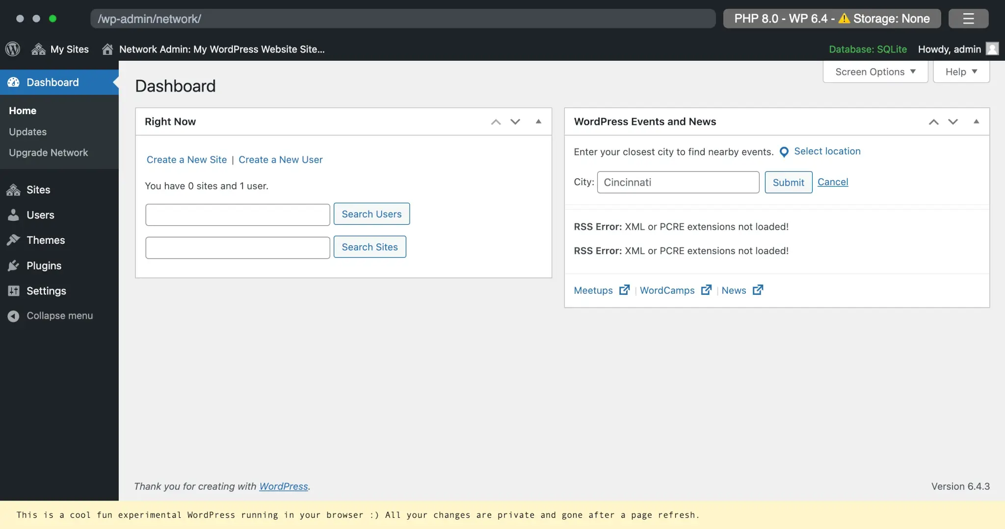 WordPress Playground 演示，显示网络管理仪表板屏幕。