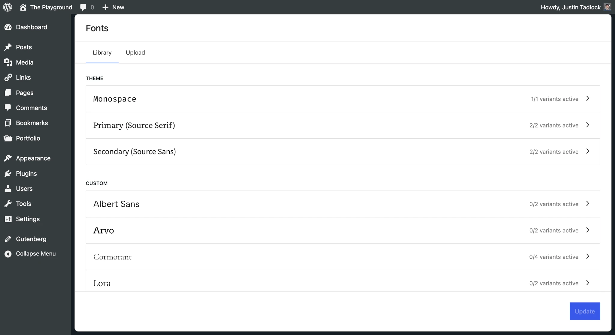 WordPress 管理后台显示一个标题为“字体”的界面。它显示了“库”和“上传”标签页。当前库标签页显示了主题和用户自定义字体的列表。