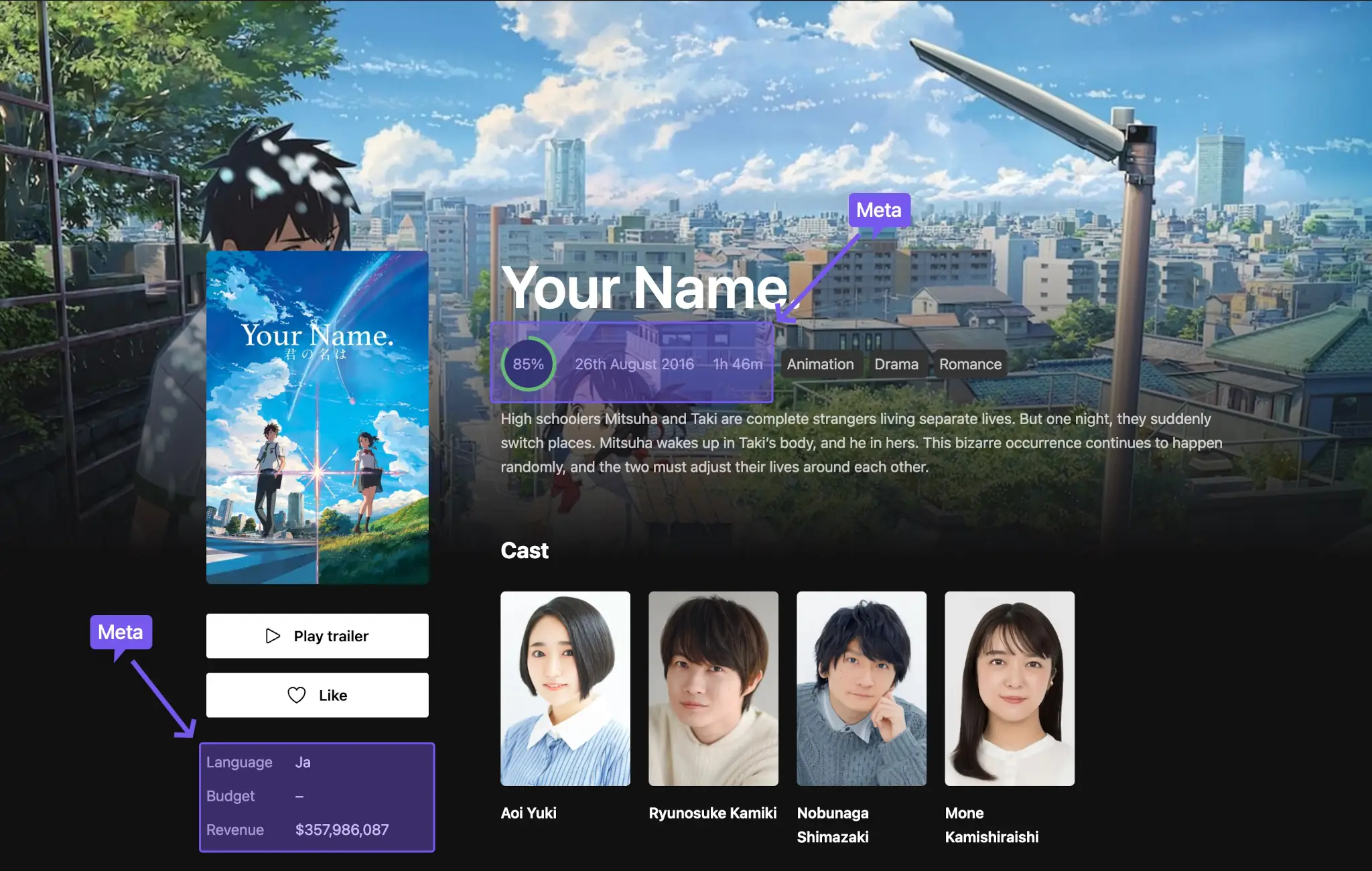 WP Movies 演示中“你的名字”电影页面的截图。显示了关于电影的文本和图像。两个文本部分被高亮显示，以表明可能是元数据的区域。