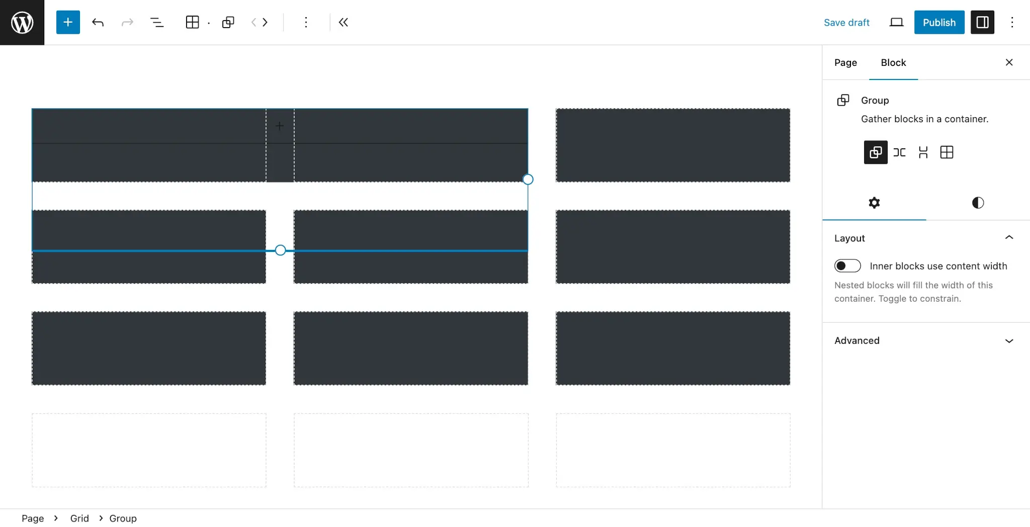 WordPress 文章编辑器,内容区域中布置了一个 3x3 的黑色方框网格。
