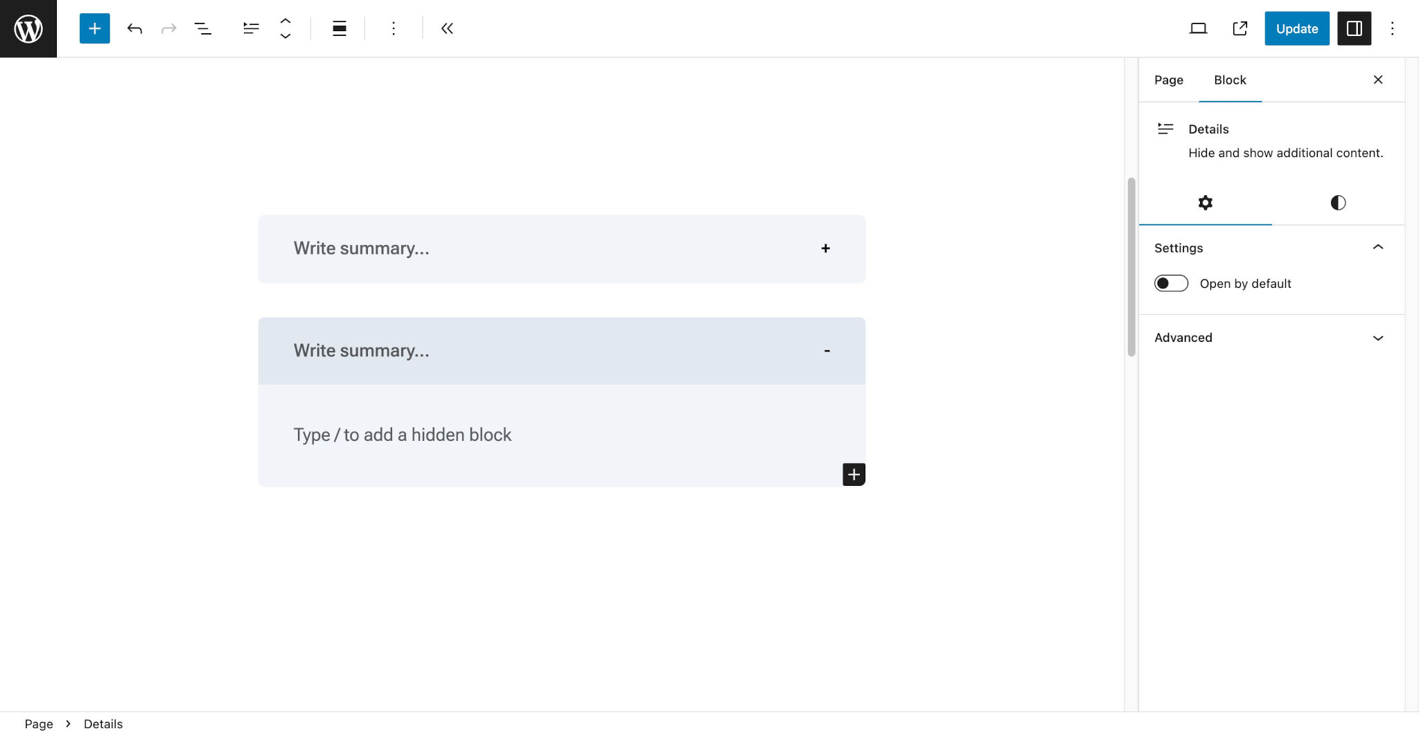 WordPress 文章编辑器，显示了一个关闭和一个打开的灰色 Details 块。关闭状态有一个 "+" 标记，打开状态有一个 "-" 标记。标记位于摘要的末尾。