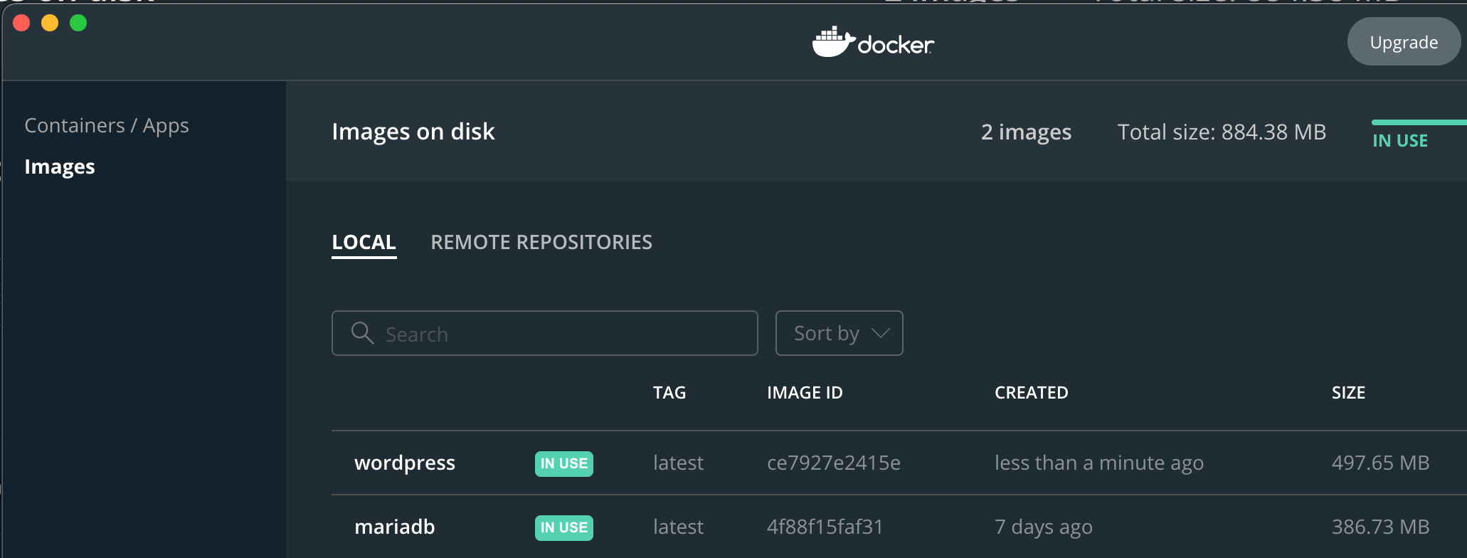 Screenshot of the Downloaded Docker Images for WordPress Development Environment