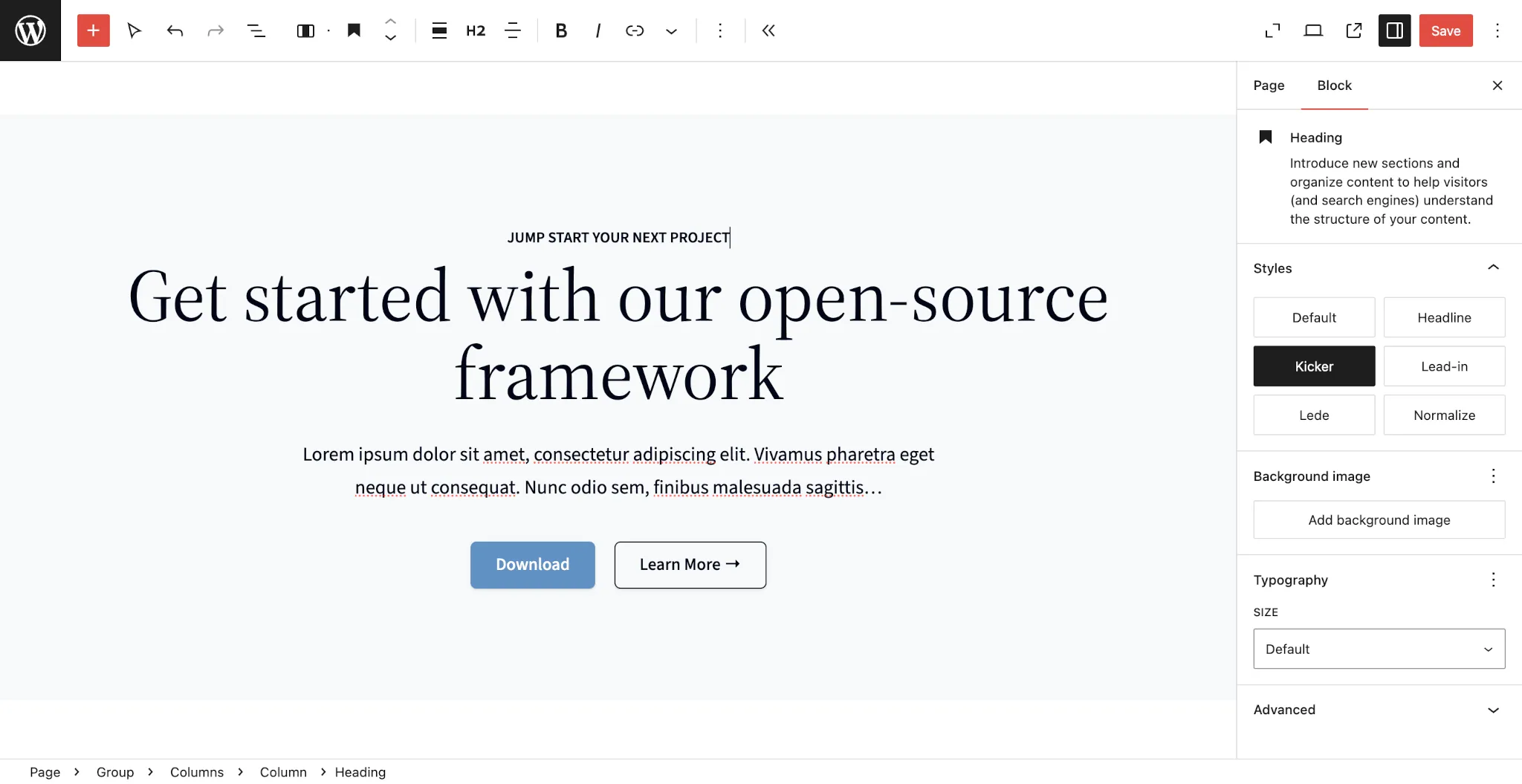 WordPress 文章编辑器，包含一个 kicker（小标题）、较大的标题、段落和一组按钮。