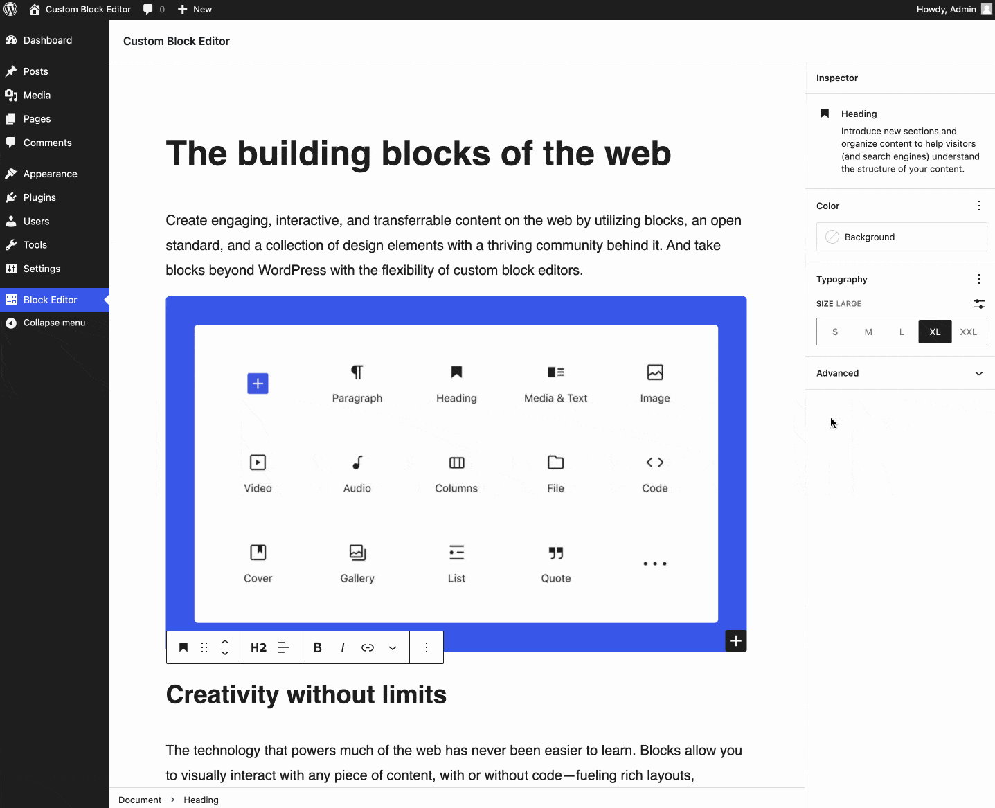 WordPress custom block editor interface with various content blocks and editing options