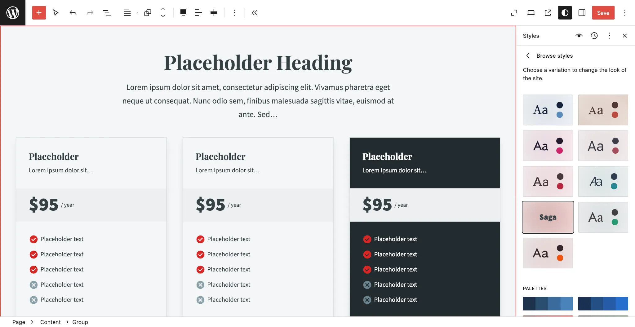 WordPress 站点编辑器显示一个带有定价表的页面。右侧，“浏览样式”面板已打开，显示一个两列的样式网格供选择。一个名为 Saga 的自定义样式被选中。
