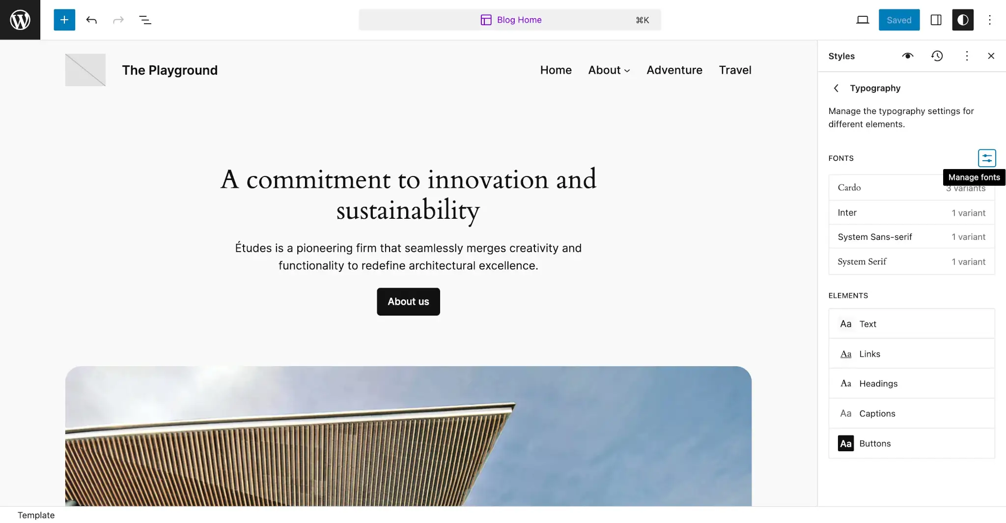 WordPress 站点编辑器，侧边栏中打开了样式面板。显示了排版子面板及其选择字体的设置字段。