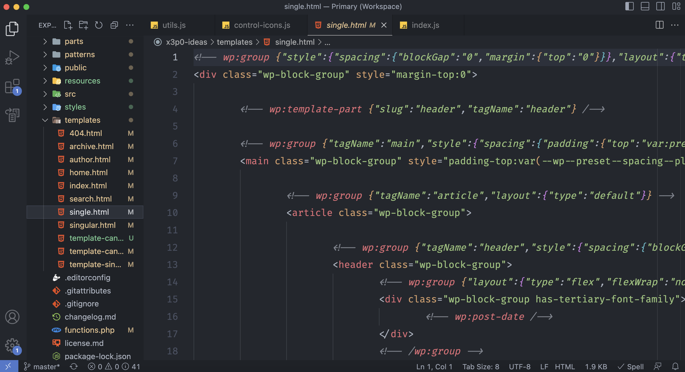 Visual Studio Code editor program with a theme's single.html file open, showing block markup.