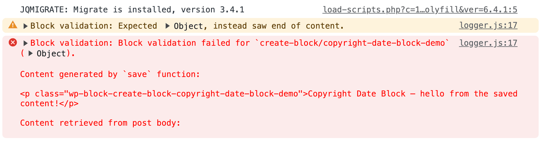 A block validation error message in the console
