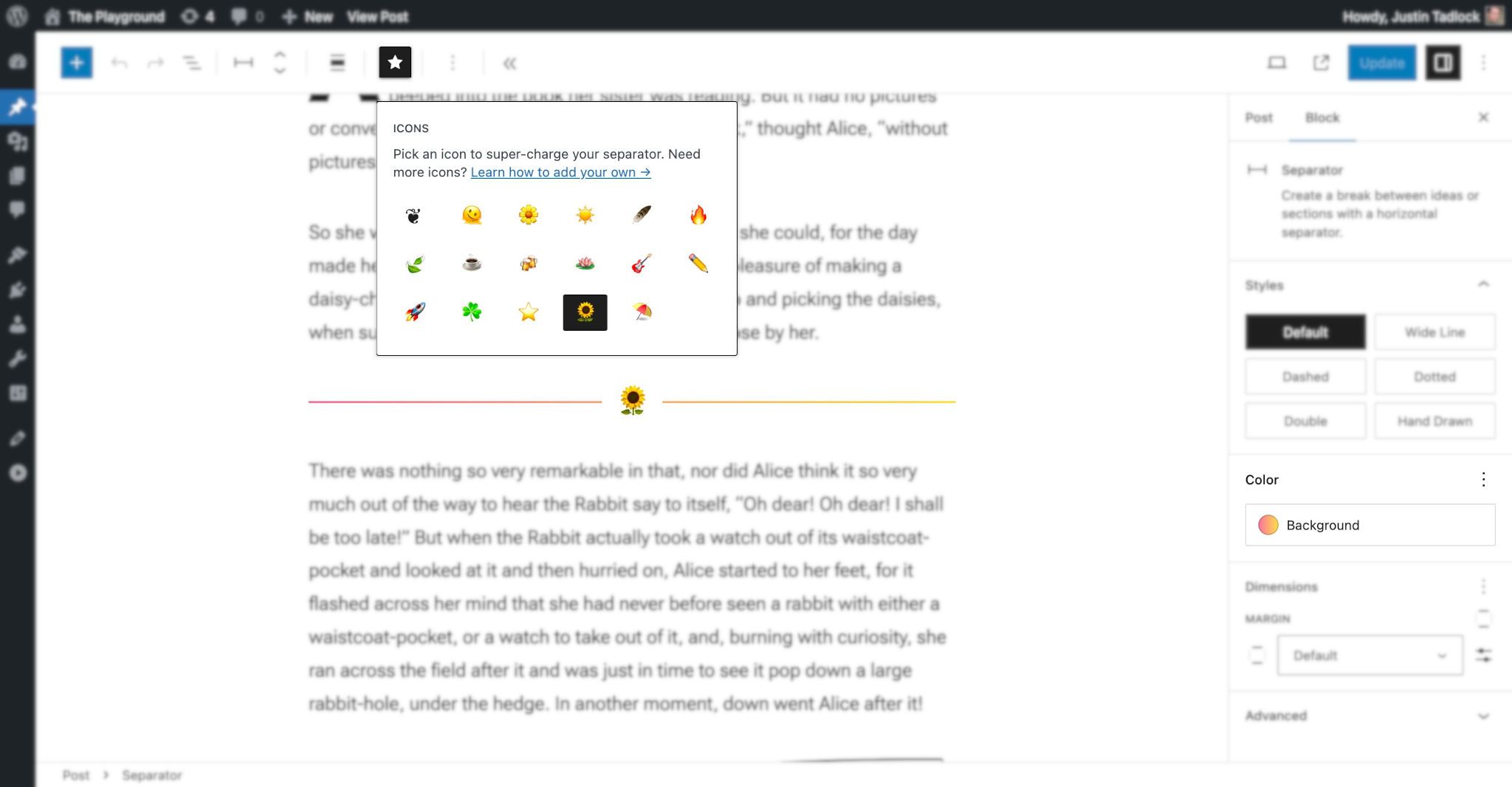 WordPress 文章编辑器，其中高亮显示了一个 Separator 区块。工具栏中有一个弹出模态框，其中包含一个可供选择的 emoji 图标网格。