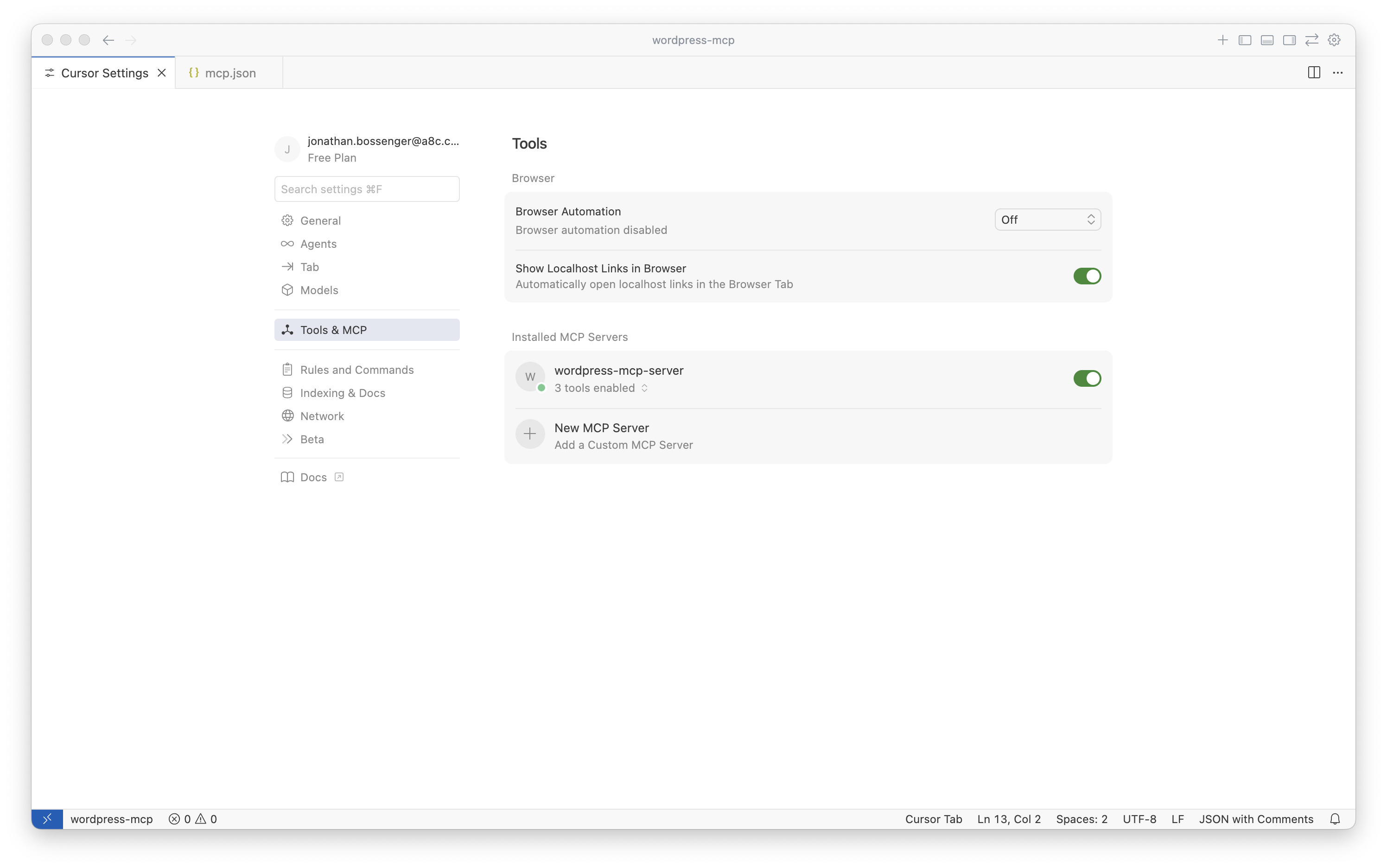 Cursor工具与MCP设置面板，已添加WordPress MCP服务器。