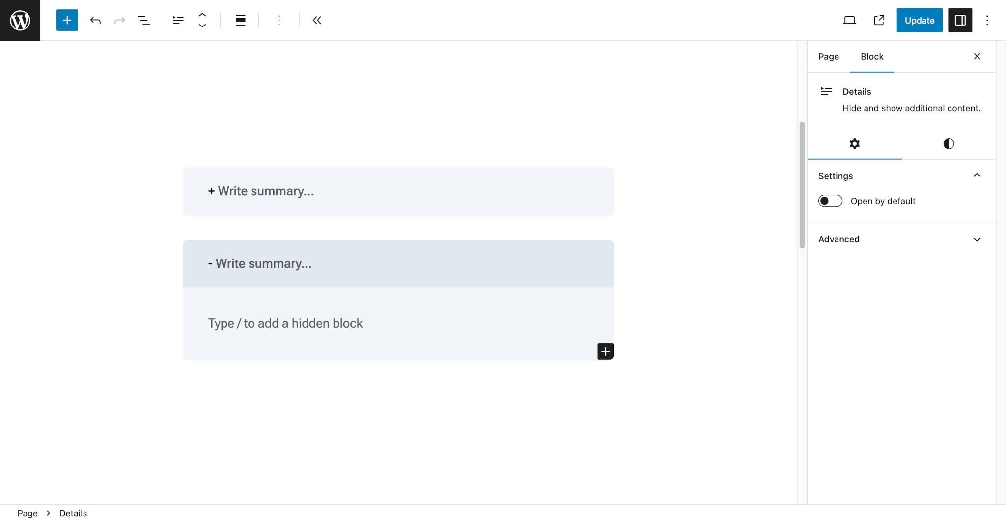 WordPress 文章编辑器，显示了一个关闭和一个打开的灰色 Details 块。关闭状态有一个 "+" 标记，打开状态有一个 "-" 标记。
