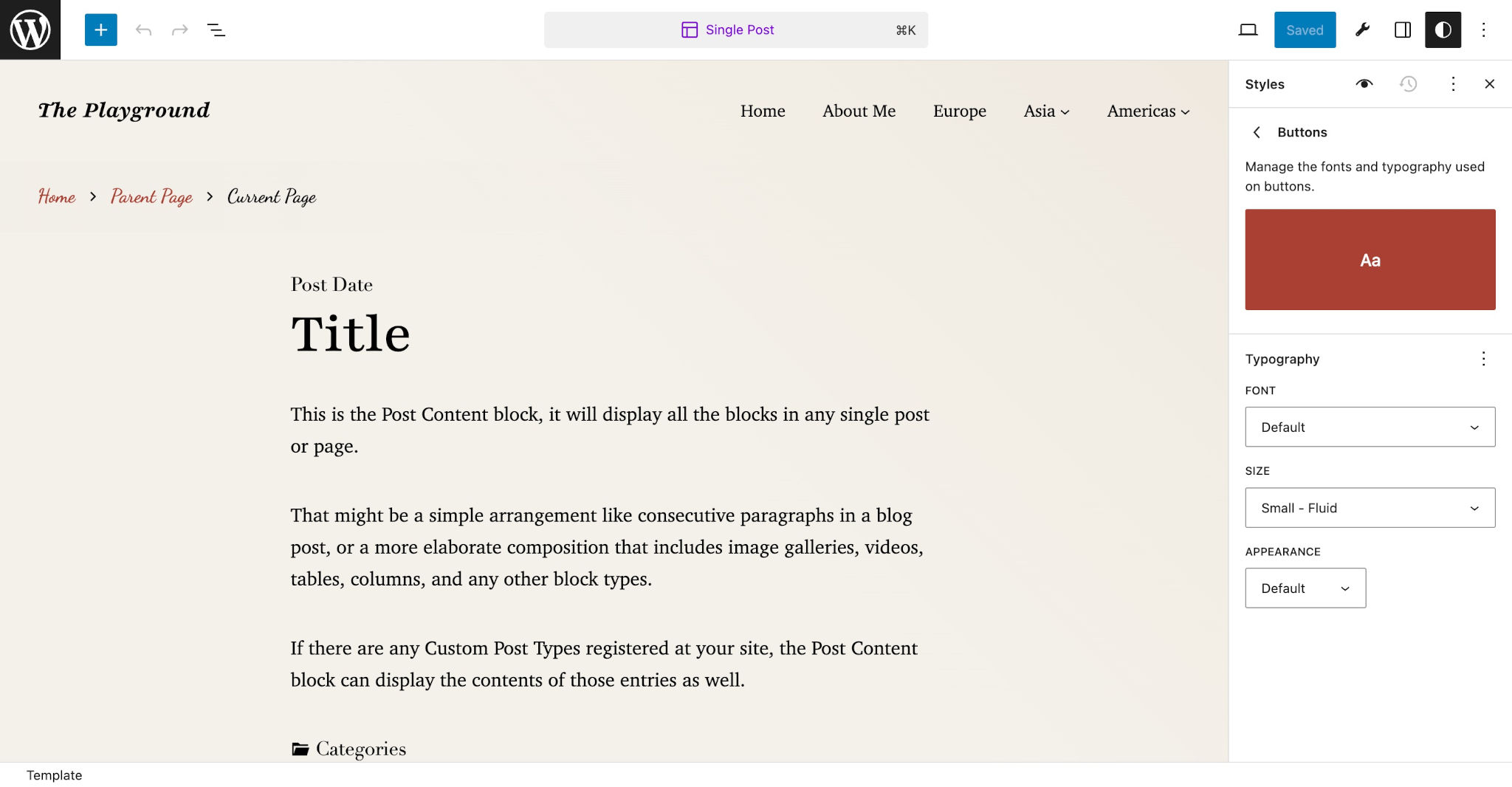 WordPress Site Editor viewing a Single Post template. On the right, the Buttons block is highlighted in the Styles interface.