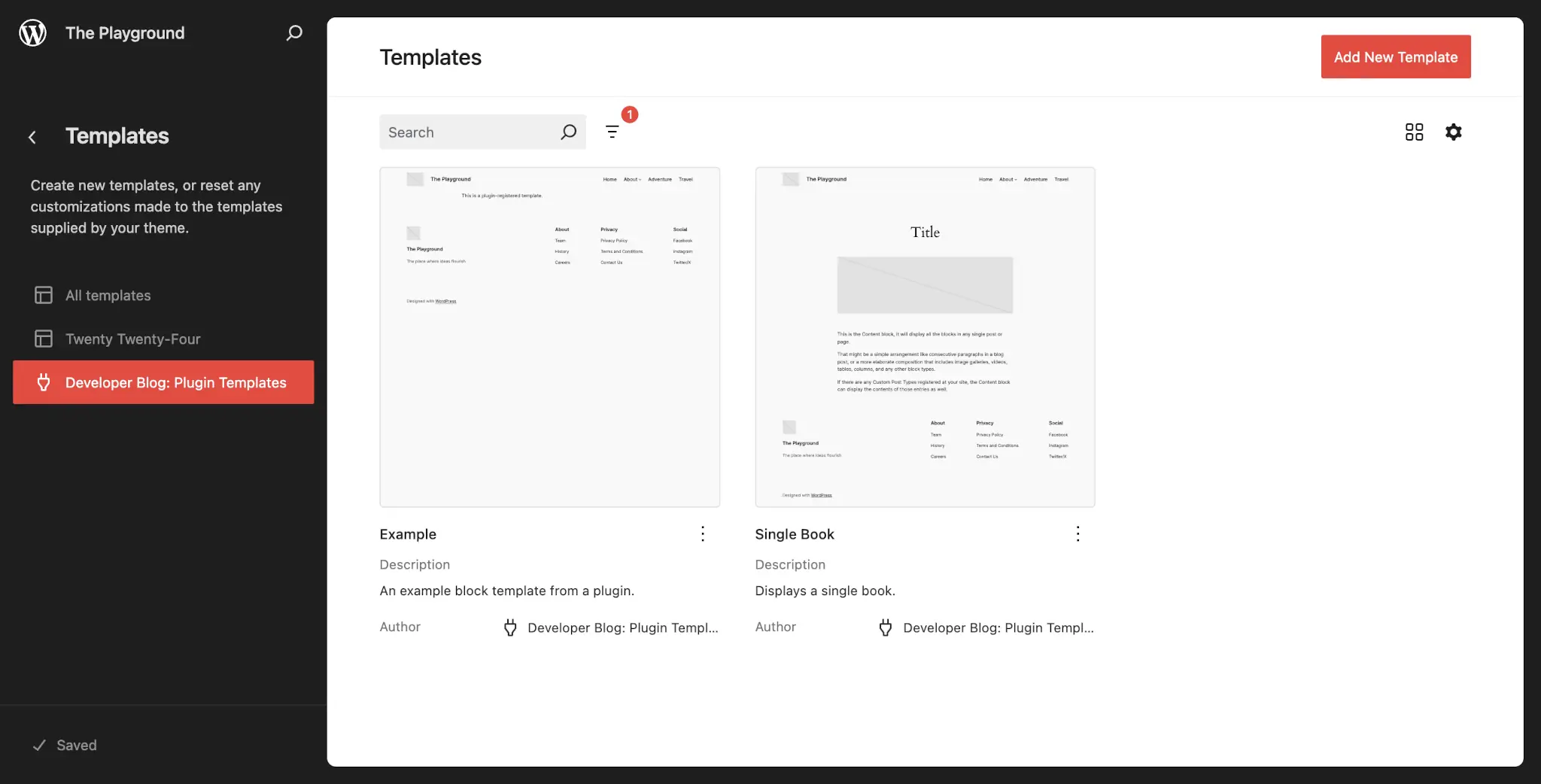 WordPress 站点编辑器中的模板屏幕。它在活动插件面板下列出了两个模板。