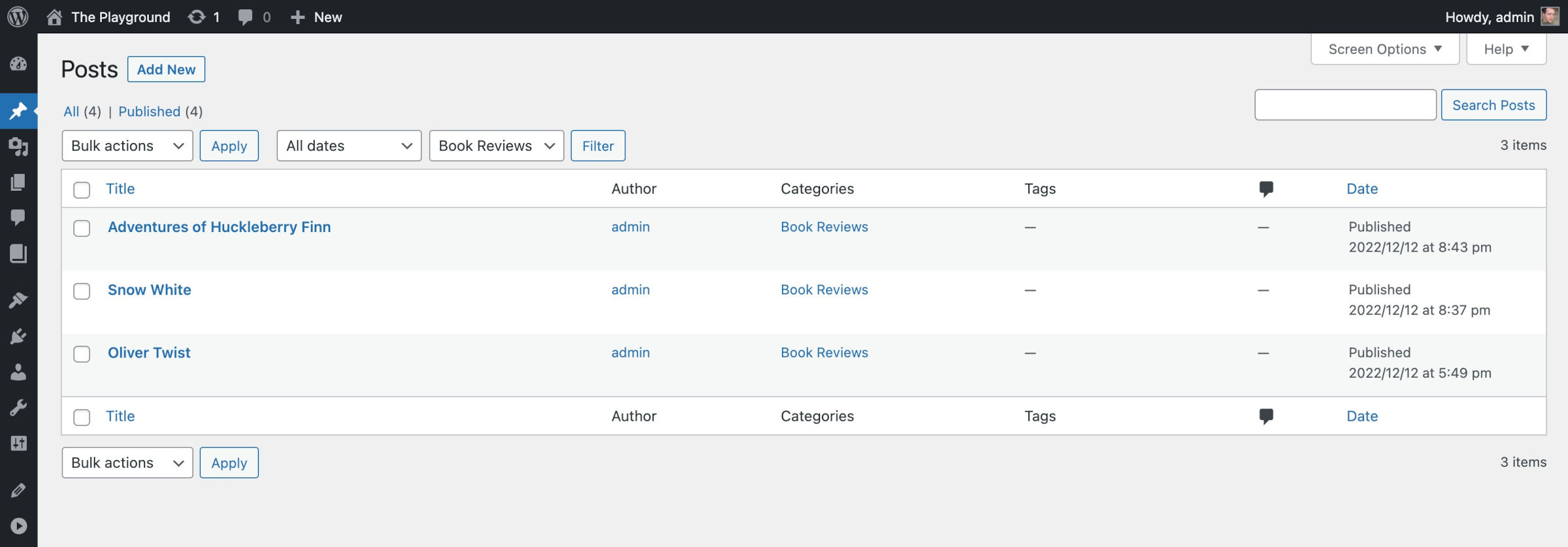 WordPress 文章管理屏幕，其中已选择“书评”分类。表格中显示了三篇文章。