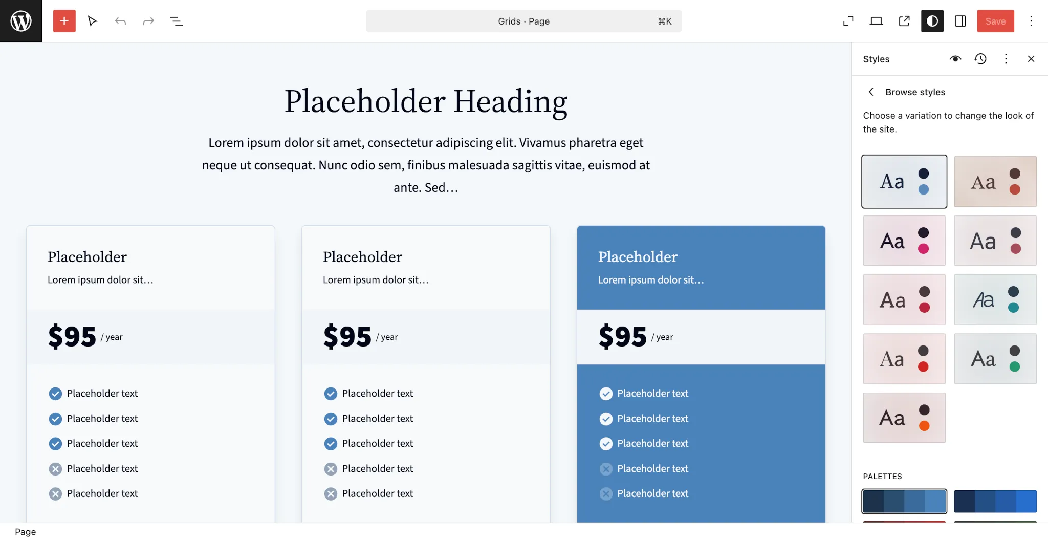 WordPress 站点编辑器显示一个带有定价表的页面。右侧，“浏览样式”面板已打开，显示一个两列的样式网格供选择。