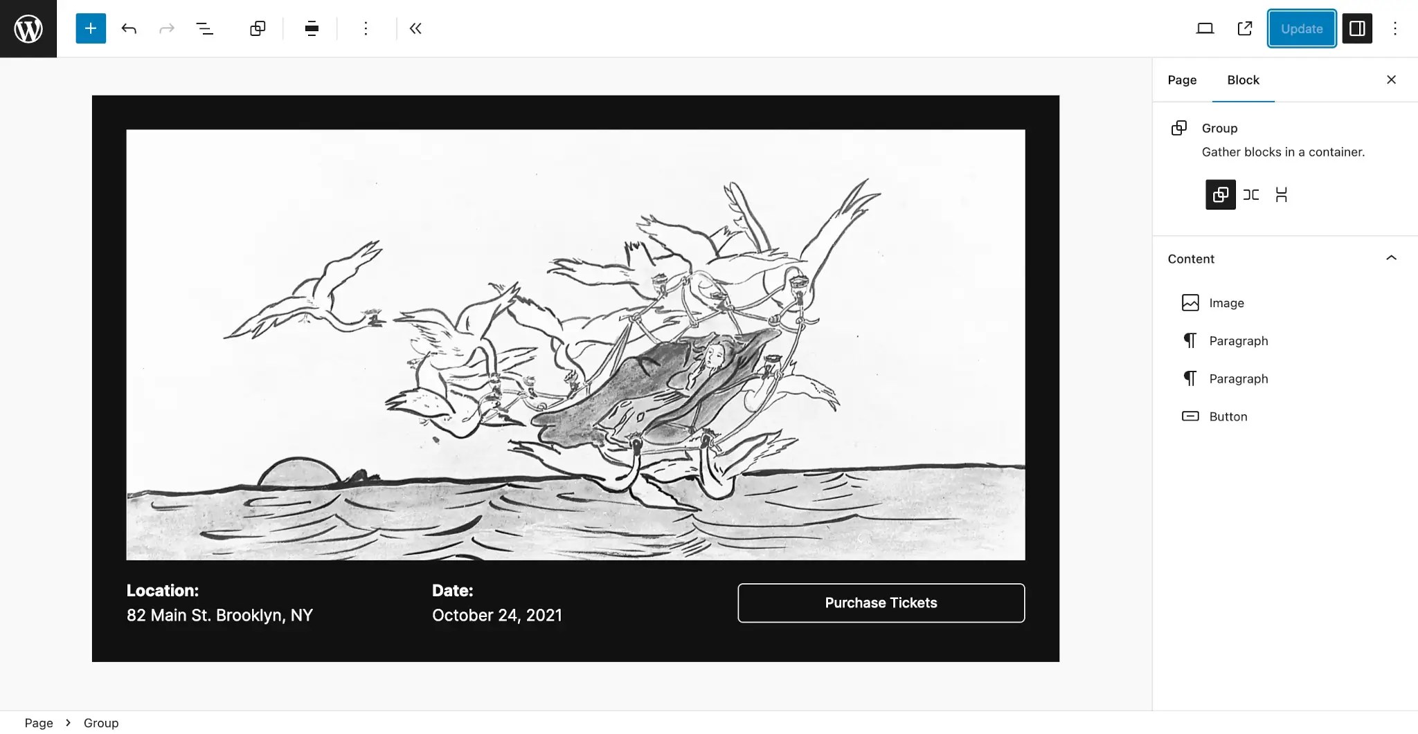 WordPress post editor with an event pattern shown. The outer Group block is selected. In the sidebar, instead of the normal design and setting controls, it has a "Content" panel that shows the nested blocks.