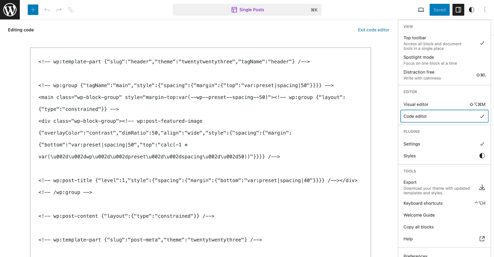 WordPress site editor showing the Single Post template in code view, which shows the block markup.