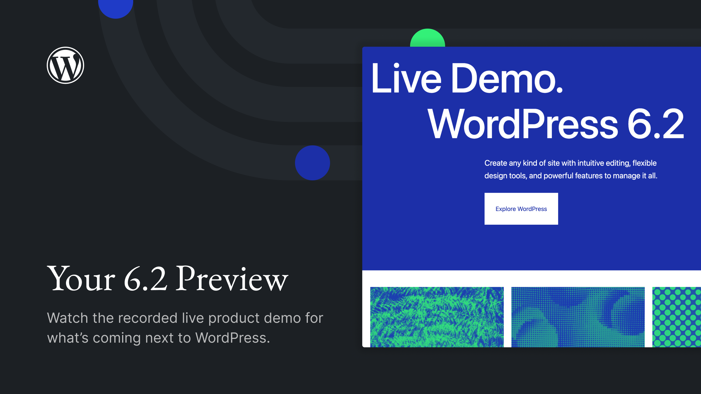 宣布 WordPress 6.2 现场演示的装饰性图片。