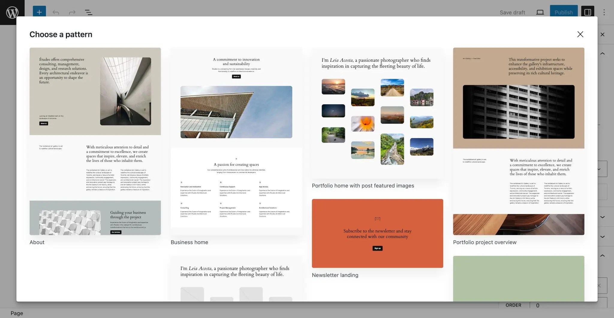 Modal overlaying the edit page screen, showing a grid of various page layouts.
