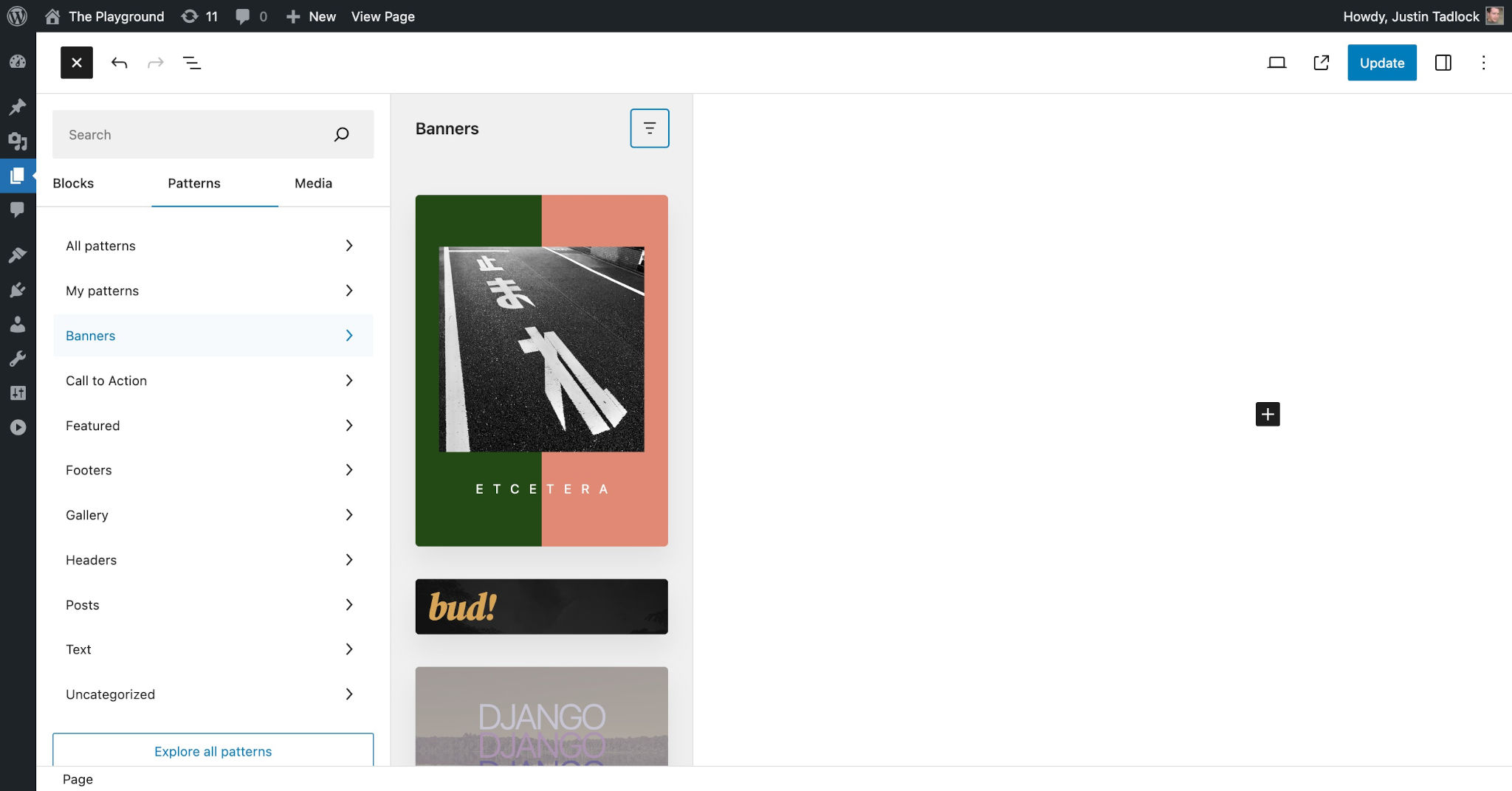 WordPress post editor with the Inserter open and the Patterns tab selected.