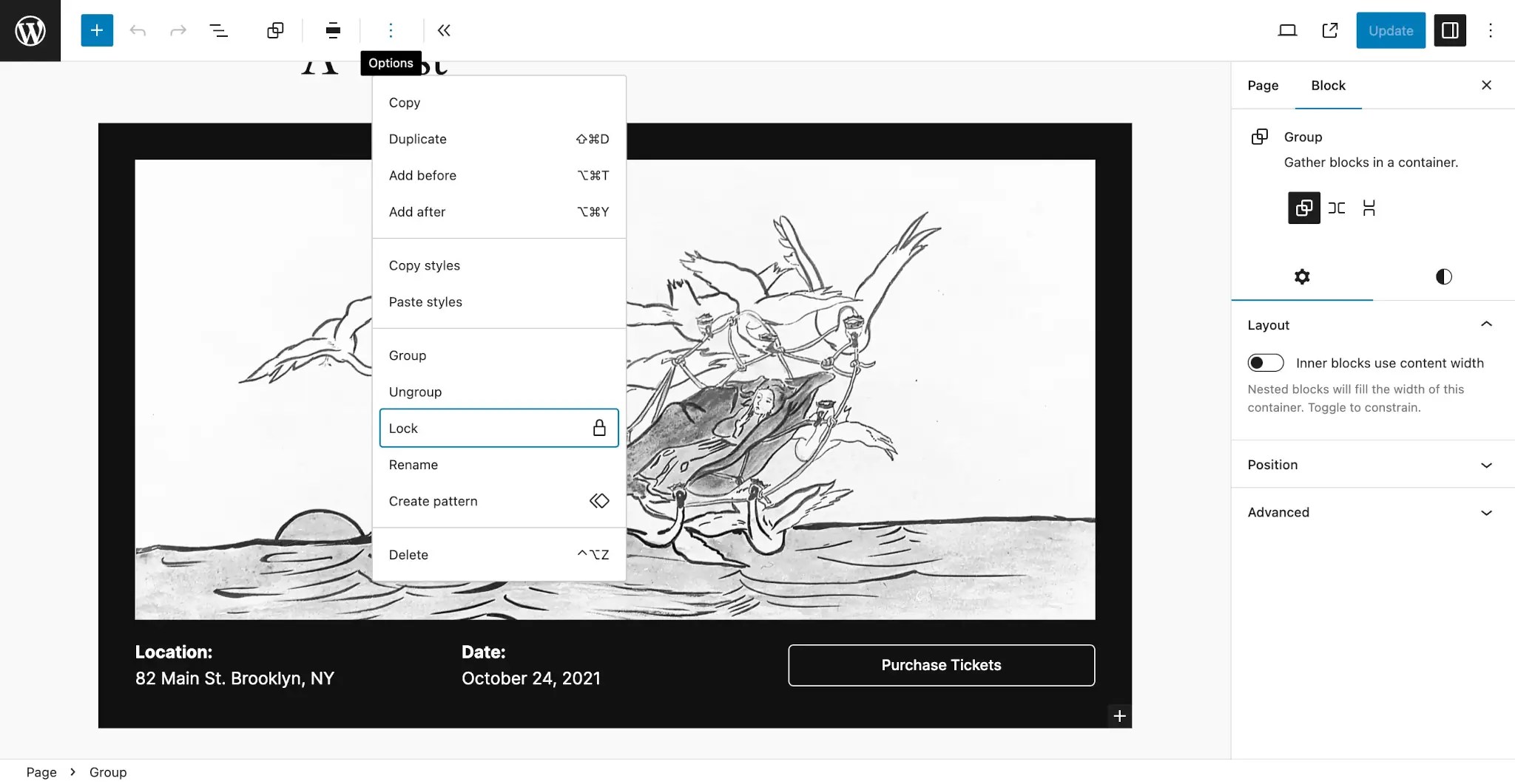 WordPress post editor with an event pattern inserted into the content area. The outer Group block is selected and its Options dropdown menu is shown in the toolbar with the "Lock" option highlighted.