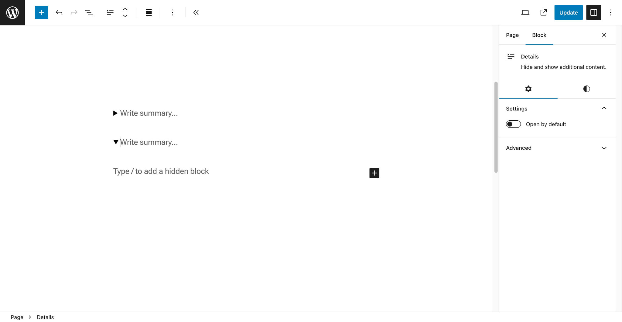 WordPress 文章编辑器，显示了一个关闭和一个打开的 Details 块，其中包含占位符。