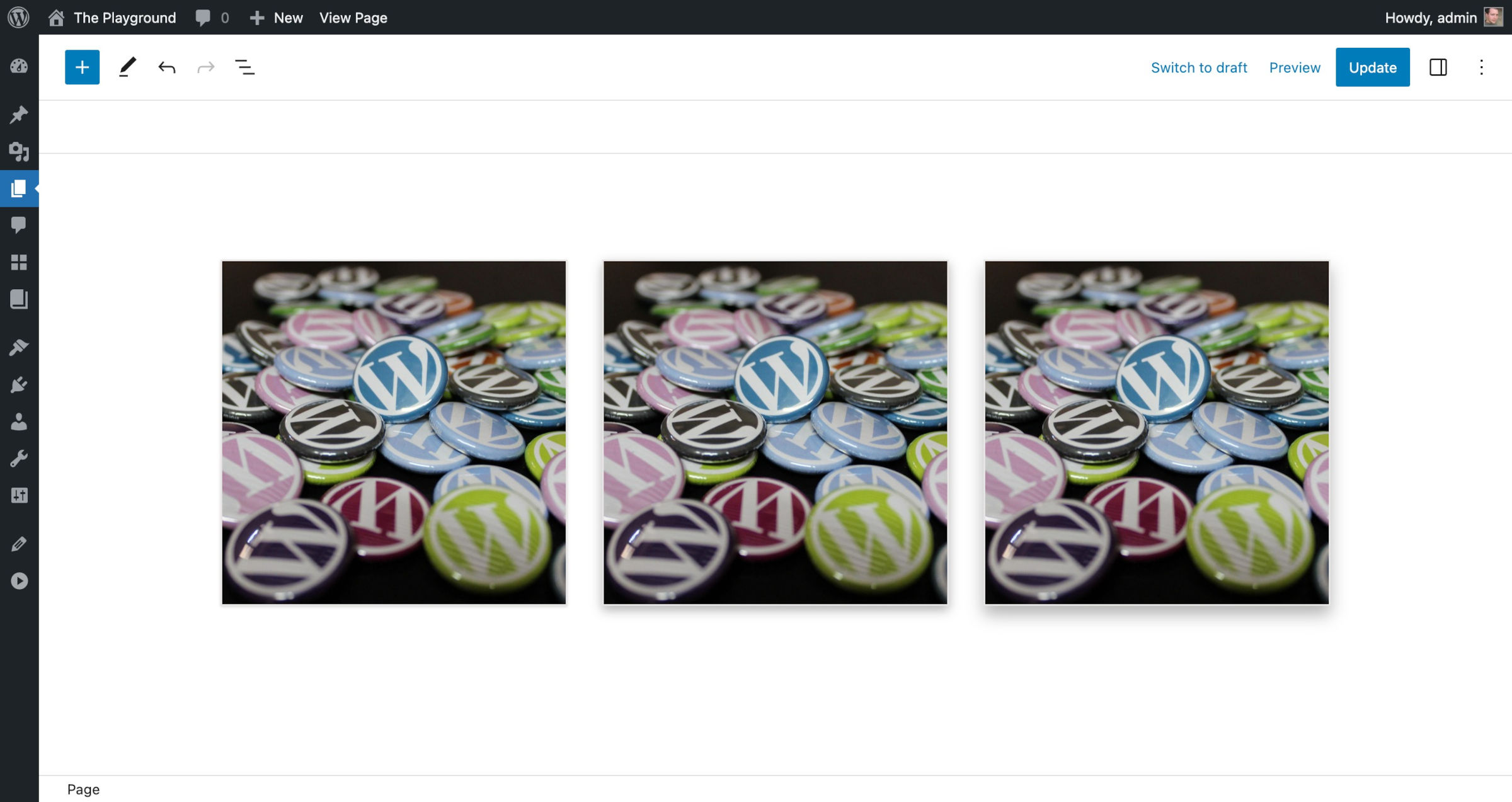 WordPress 文章编辑器，包含三张显示一组 WordPress 按钮的图片。每张图片都有一个浅灰色阴影，阴影大小依次递增。