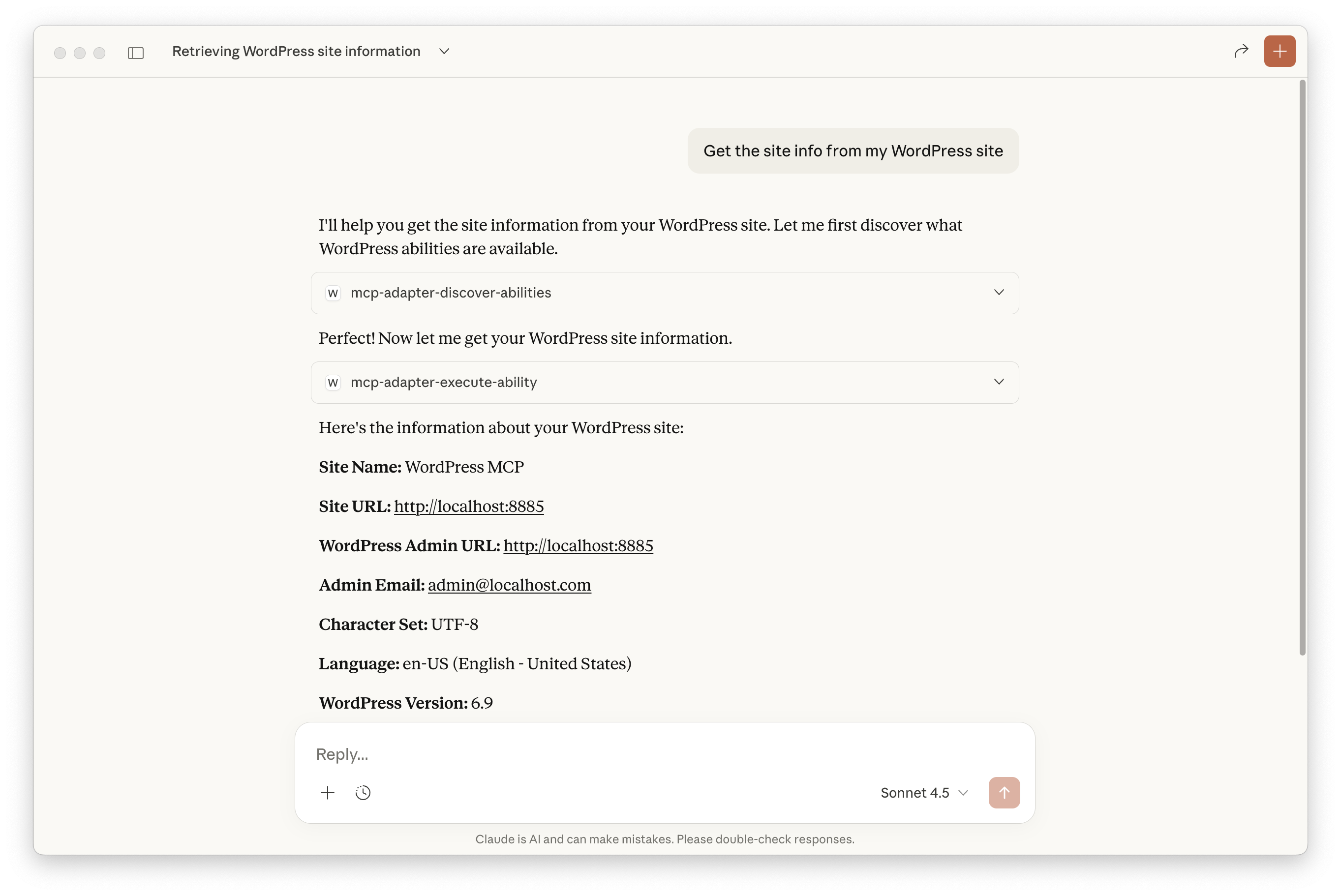 Claude桌面AI查询，显示来自WordPress MCP服务器的结果。