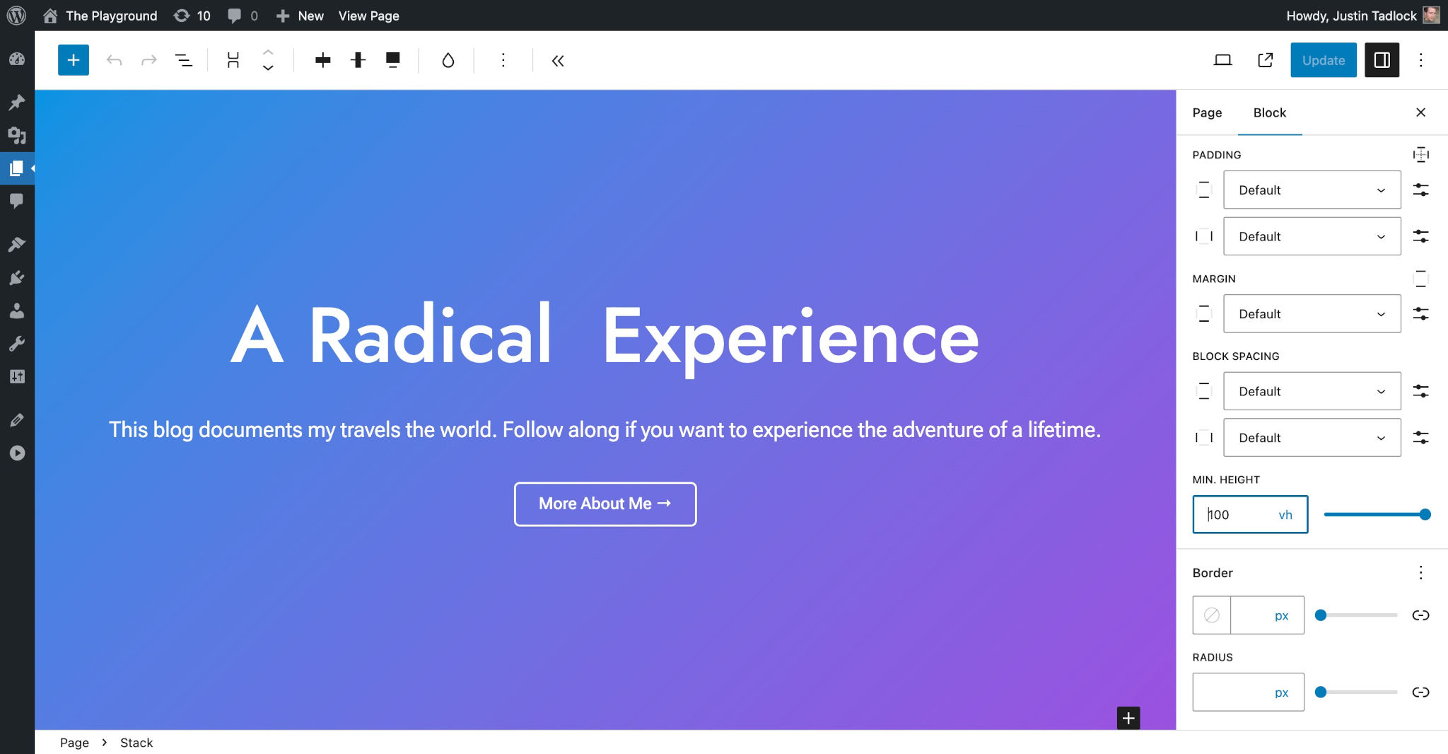 WordPress post editor with a Stack block in the content canvas. Its minimum height is set in the sidebar.
